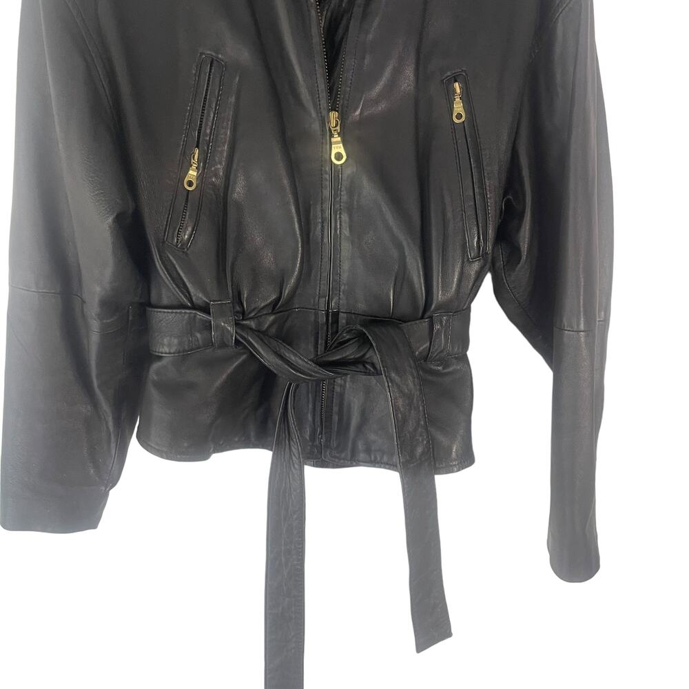 Wilson's Women's Large Vintage 80s Black Leather Moto‎ Biker Belted Jacket Coat - Picture 3 of 10